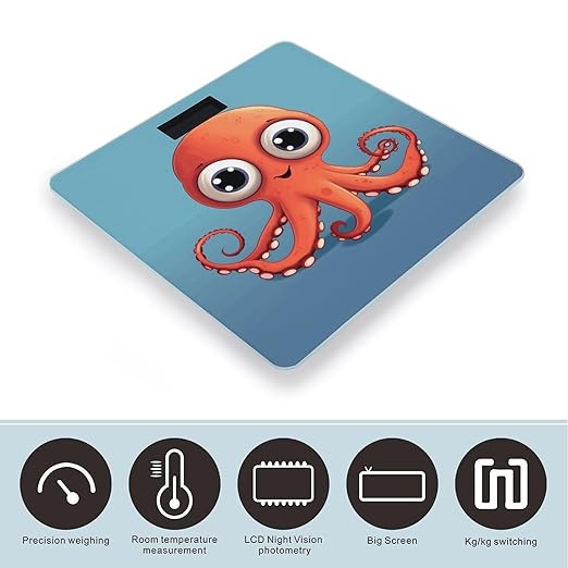 Big Eyed Red Octopus Bathroom Scale Automatic Power On/Off Body Scales LCD Backlight Display Square Digital Scale Rounded Corners Bathroom Scales for Home Bedrooms