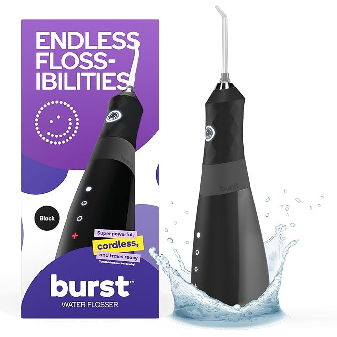 Burst Electric Water Flosser for Teeth Cleaning (3 Modes/Black) | Cordless | Plaque Removal Between Braces &amp Dental Work | Portable Floss | Refillable 110mL Tank