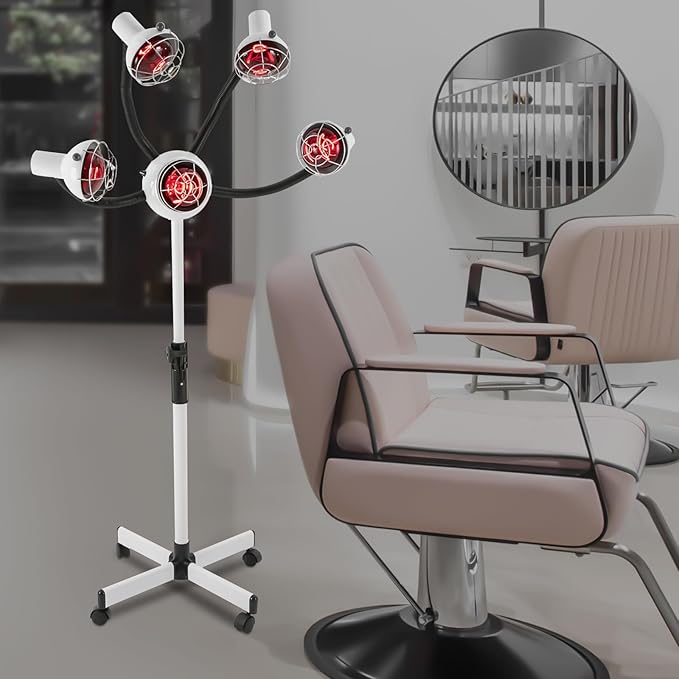 5 Head Infrared Heat Lamp Salon 750W Hair Color Processor Infrared Red Light with Rolling Wheels Adjusting Height Hair Salon Heat Lamps for Processing White