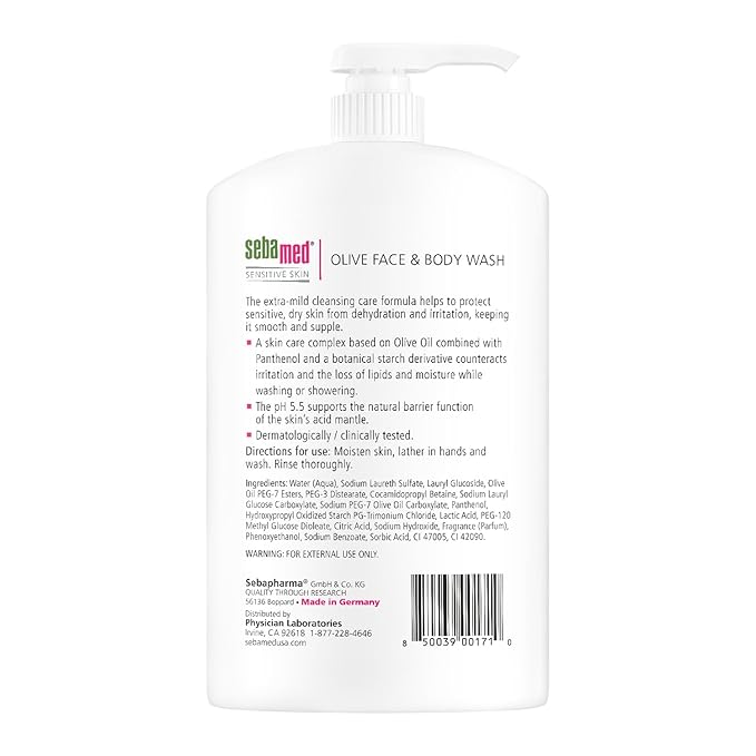 Sebamed Olive Face and Body Wash With Pump for Sensitive and Delicate Skin pH 5.5 Ultra Mild Dermatologist Recommended Cleanser 33.8 Fluid Ounces (1 Liter)