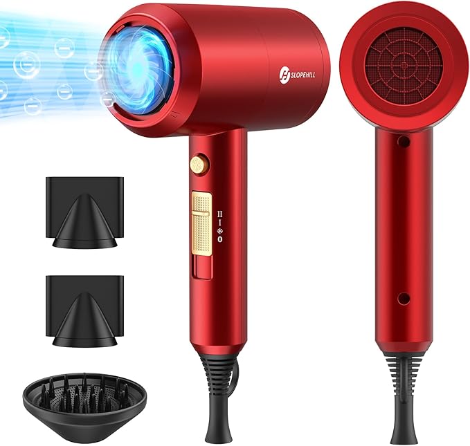 Slopehill Professional Ionic Hair Dryer Powerful 1800W Fast Drying Low Noise Blow Dryer with 2 Concentrator Nozzle 1 Diffuser Attachments for Home Salon Travel (Agate Red)