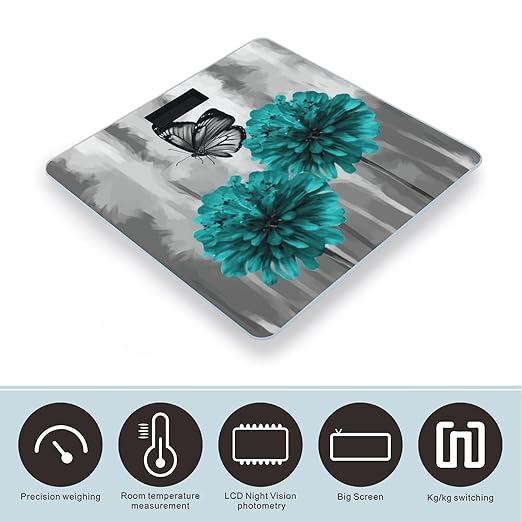 Gray Teal Flower Butterfly Bathroom ScaleHighly Accurate Digital Weighing Machine for People Bright LED Display Weight Scale for The Aldult Home Use