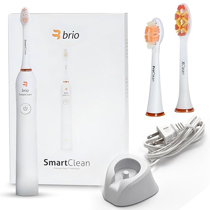 Brio Ollie SmartClean Electric Toothbrush for AdultsTravel Sonic Toothbrush with 3 Replacement Heads Ultra Clean Rechargeable Toothbrush Portable One Charge for 6weeks 5 Modes 2mins Timer - White