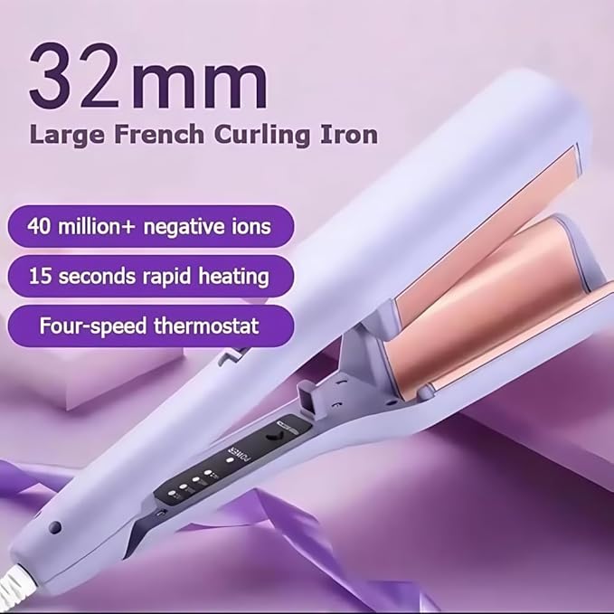 Explicitu Hair Styling Tool with Negative Ionic Technology French Curls Iron Anti-Scald Waver Hair Crimper 40M Damage-Block Ions Curling Iron 4 Gears Double-Sided Heating (Purple)