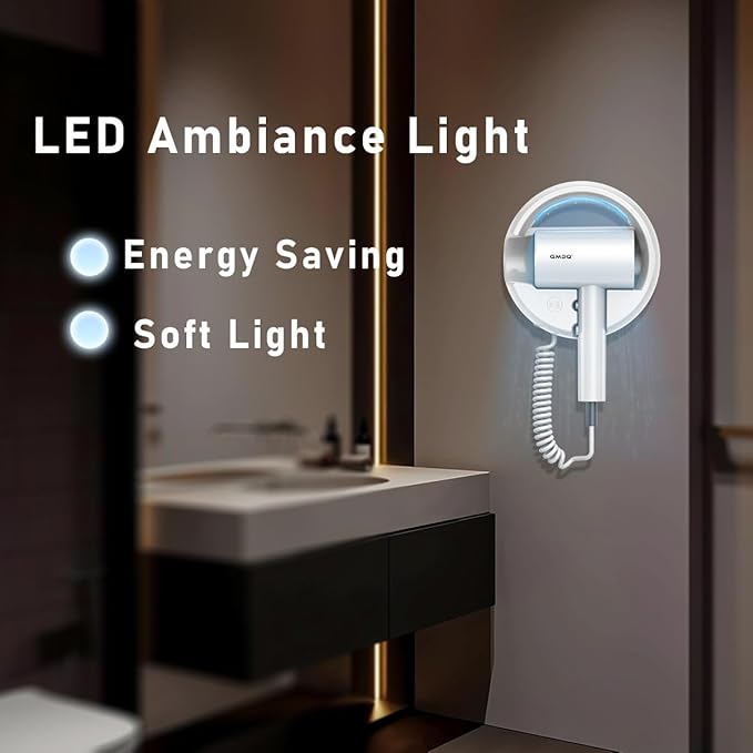 Hotel Wall Mount Hair Dryer for Bathroom with Night Light 110V Quiet Overheat Protection Negative Ion Technology