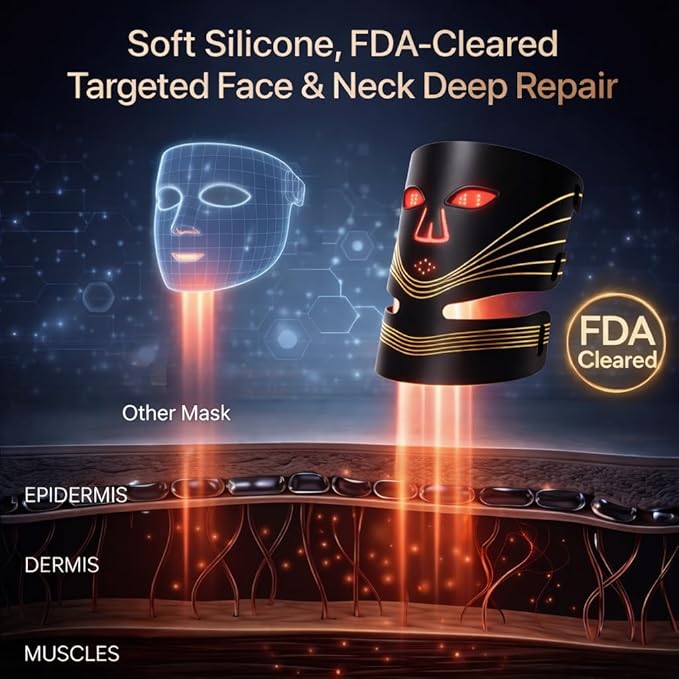 Red Light Therapy Face and Neck Mask - FDA 510 (k) Cleared (K253054) LED Facial Mask for Beauty and Skin Glow | 3 Light Modes Soft Silicone Rechargeable