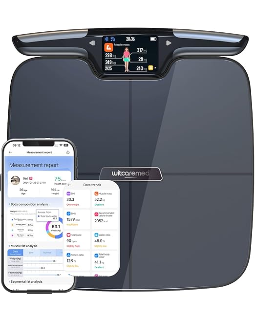 Smart Scale for Body Weight with BMI Body Fat Muscle Mass Water Percentage 8 Electrode High Precision Bathroom Scales Scale with App 56 Body Composition Measurement (Black)