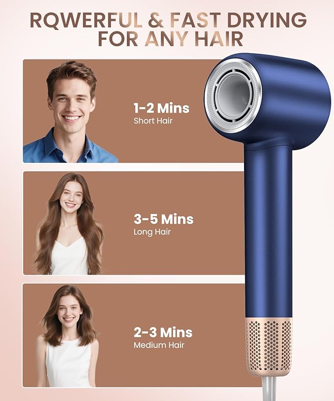 Hair Dryer 140000 RPM High-Speed Brushless Motor Negative Ionic Low Noise Blow Dryer for Fast Drying Thermo-Control Quiet Compact with Magnetic Nozzle for Home Travel Salon UseBlue
