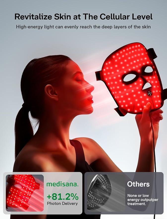 Medisana 3D Red Light Therapy Mask for Face 336 LEDs Light Therapy Mask with 3 Modes - NIR 830nm Red 630nm Blue 415nm - Cordless &amp Rechargeable LED Face Mask for Home Skincare Gifts for Women