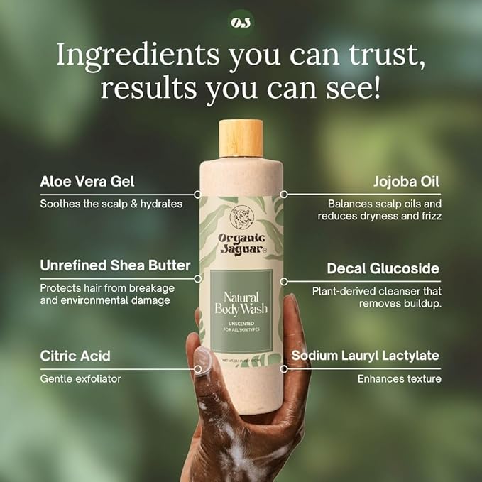Organic Jaguar Natural Body Wash with Aloe Vera Gel and Shea Butter Bath and Shower Soap Cleanser for Body Care Leaves Skin Soft &amp Hydrated Unscented Sulfate and Paraben Free 13.5 fl oz