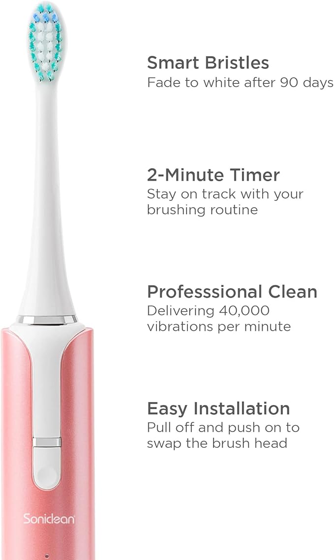 Soniclean Lux Sonic Toothbrush for Adults with 6 Toothbrush Heads Rechargeable Automatic Sonic with Refills Rose Gold