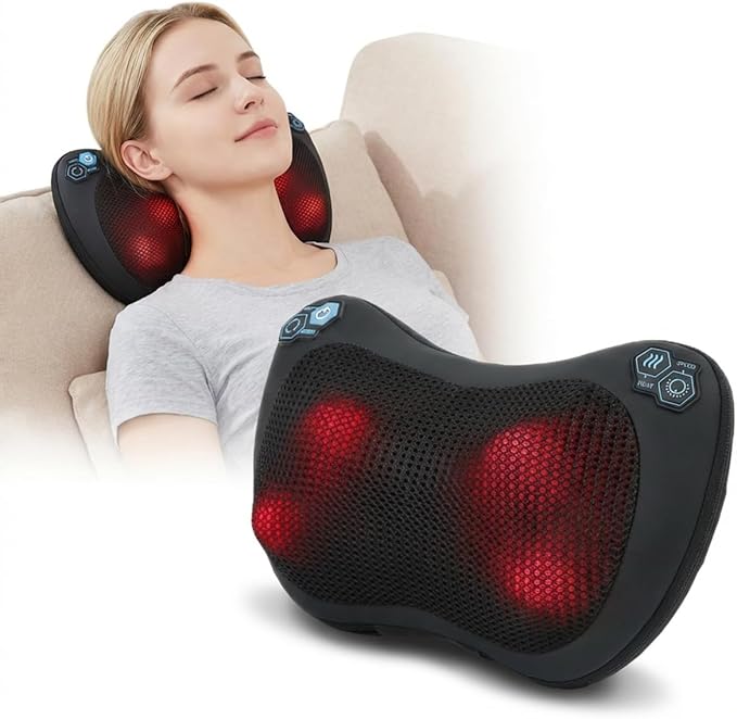 MLVOC Neck Massager &amp Back Massager with Heat - Portable 3-Speed Shiatsu Massage Pillow for Body Relief 37°C Thermal Therapy Rechargeable 2000mAh Battery for Home/Car/Office/Travel Use
