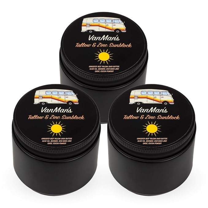 Vanman's - Zinc and Tallow Sunscreen (3 Pack) - Water Resistant 20 SPF Beef Tallow Sunscreen with Olive Oil Beeswax - Mineral with Non-Nano Minerals - 2.8 ounce