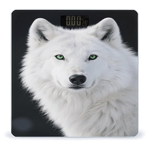 Cool White Wolf with Green Eyes Bathroom Scale for Body Weight LCD Display Digital Bathroom Scale Tempered Glass Bathroom Weight Scales Fashion Smart Scales for Home Bedroom 400 Lb