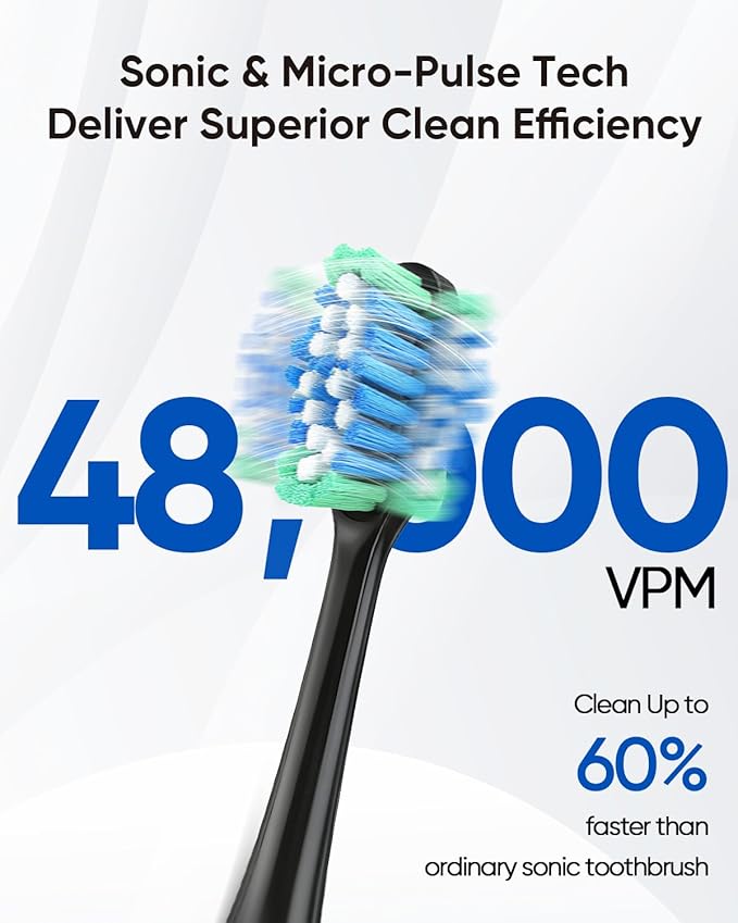 MySmile UC605 Electric Toothbrush for Adults Rechargeable Sonic Electronic Toothbrush with 6 Brush Heads and Travel Case 2 Mins 5 Modes Smart Timer 48000VPM (Black)