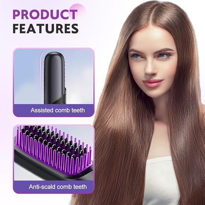 Cordless Hair Straightener Brush 2025 New Portable Hair Straightener Fast Heating MCH Ceramic Brush for Smooth Frizz-Free Hair USB Rechargeable for Short Long Hair Travel Vacation Home Use (Pink)