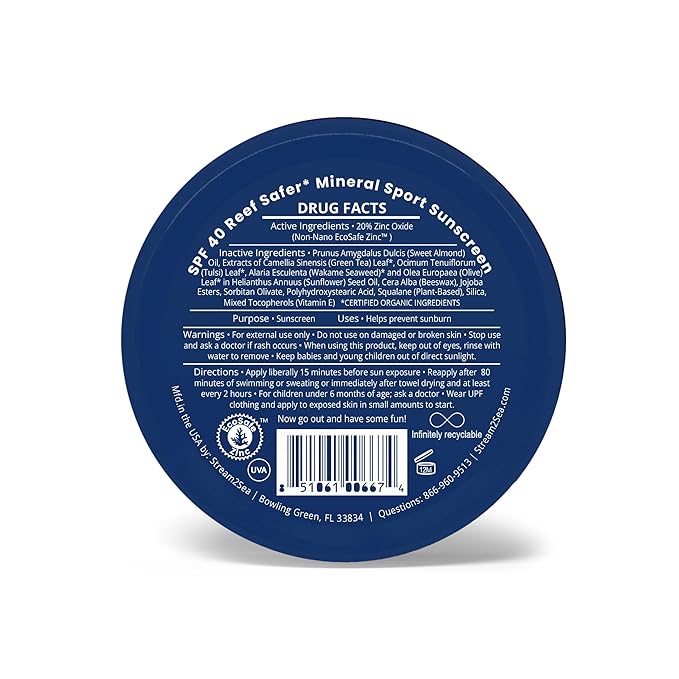 STREAM2SEA SPF40 Unscented Mineral Sport Sunscreen in Tin with EcoSafe Zinc for Face &amp Body Natural Organic Biodegradable Coral Reef Safe Sunscreen Travel Size Mineral Based 2 Pack