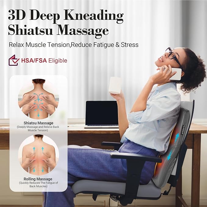 FSA Eligible HSA Back Massager for Deep Tissue Pain Relief 4D Shiatsu Lower Back Massager with Heat Deep Kneading &amp Up-and-Down Rolling Birthday Gifts for Women and Men