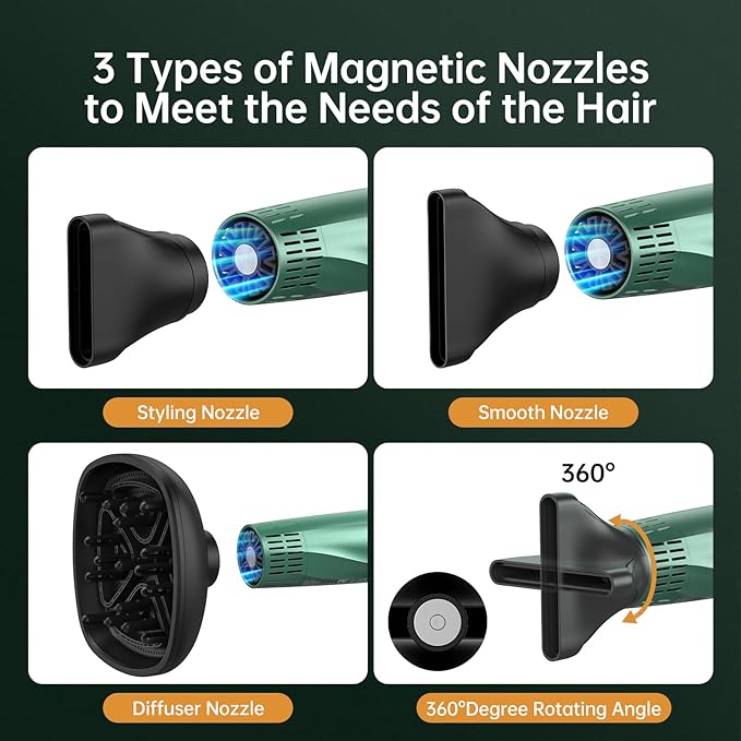 Professional Hair Dryer with Powerful Brushless Motor High Speed for Fast Drying with Magnetic Nozzle Lightweight Foldable Dual Ionic Blow Dryer 12 Modes Super Quiet for Travel Salon Home