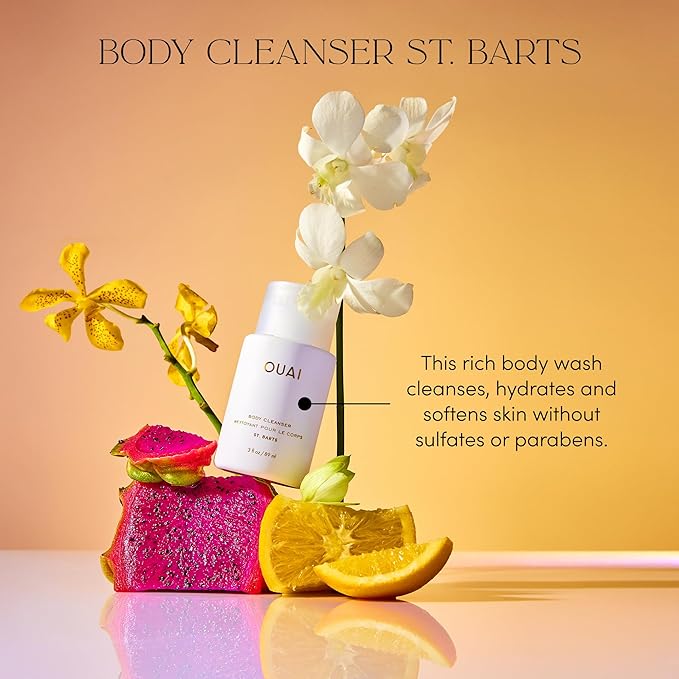OUAI St. Barts Body Cleanser Bundle - Foaming Body Wash with Jojoba Oil &amp Rosehip Oil to Hydrate Balance &amp Soften Skin - Paraben Phthalate &amp Sulfate Free Skin Care Products (2 Count 3 O
