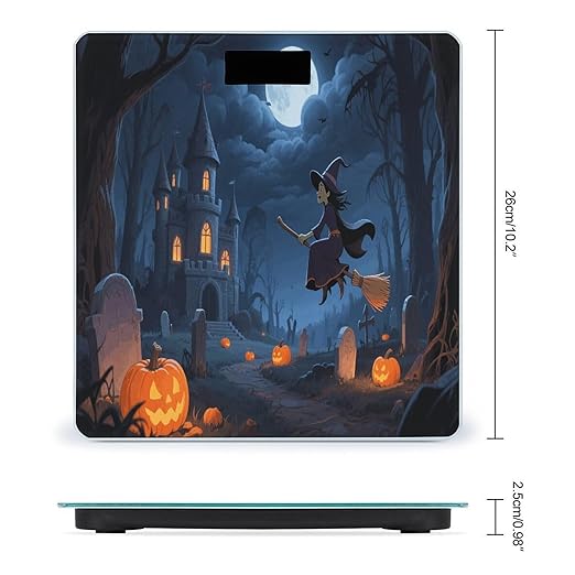 Orange Pumpkin Witch Scary Castle Weight Scale Cute Bathroom Scale for Body Highly Accurate Digital Weighing Machine for People Compact LCD Display Scales with Sturdy Toughened Glass Scales