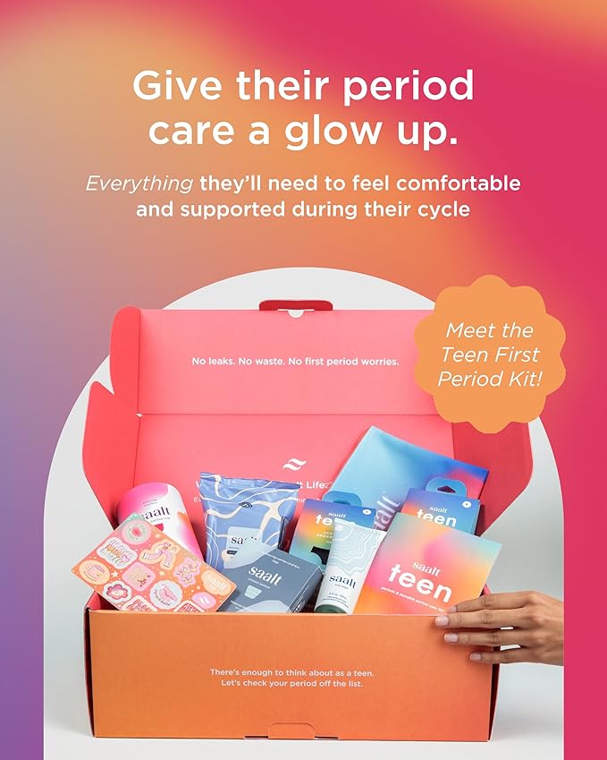 Saalt Teen First Period Kit - Includes Leakproof Period Underwear Menstrual Cup Menstrual Cup Wash Compact Sanitizer Feminine Wipes Storage Bag Saalt Stickers &amp Period Care 101 Booklet - Sma