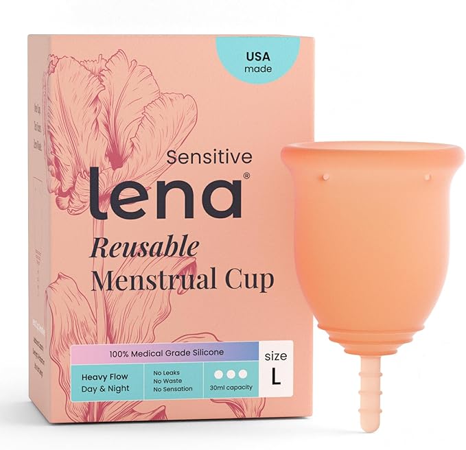 Lena Sensitive Menstrual Cup - Size Large - Ultra-Soft Reusable Silicone Period Cup for Sensitive Anatomy 12-Hour Comfort Gentle &amp Leak-Free Protection (LENA-COR-L)