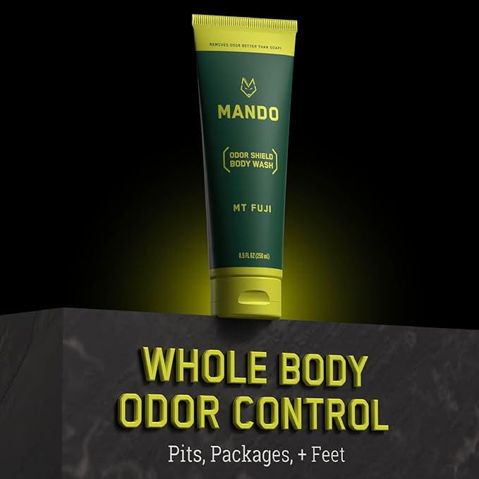 Mando Smooth Solid Stick (2.6 Ounce) + Acidified Body Wash (8.5 Ounce) - Clinically Proven to Block Odor All Day - Whole Body Safe For Pits Packages + Feet (Mt. Fuji)