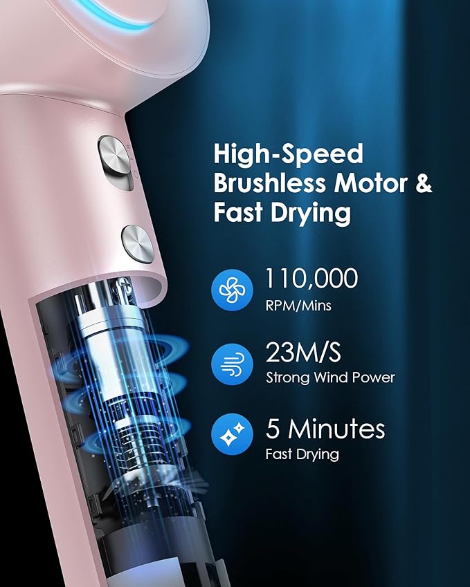 Hair Dryer zhiyangfei Negative Ion Blow Dryer 110 000 RPM Brushless Motor 3 Heat Settings 360° Rotating Magnetic Nozzle High-Speed Low Noise Hair Dryer for Home and Trave (Pink)
