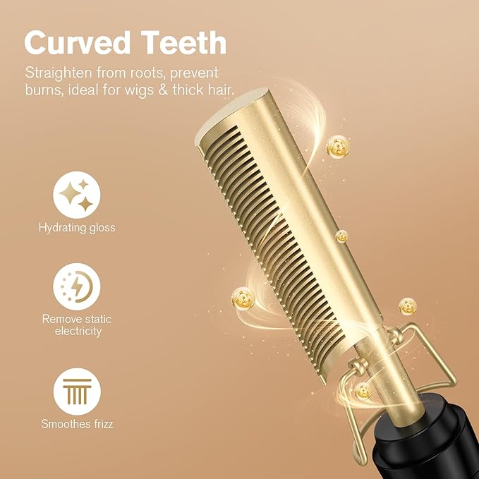 Terviiix Hot Comb for Lace Front Wigs Curved Teeth Pressing Combs for Black Women Hair Anti-Scald Straightening Comb Electric Heat Comb Temperature Adjustable 60 Min Auto Shut Off