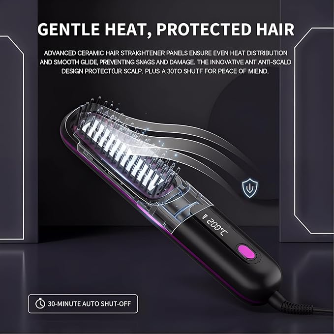 Cordless Hair Straightener Brush with LCD Display Ceramic Rechargeable Hair Straightener for Travel Fast Heating Portable Hair Straightener for Daily Use (Blue)