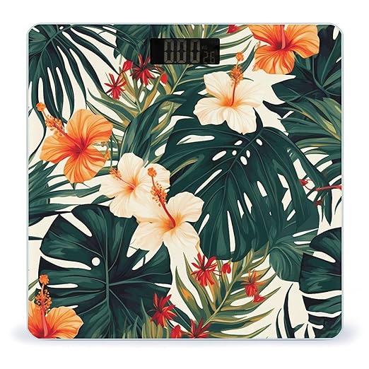 Tropical Summer Hawaiian Flower Palm Leaves Weight ScaleClear LED Display Bathroom Digital Weighing ScaleTempered Glass Digital Bathroom Scale for Body Weight Capacity Up to 400 Lbs