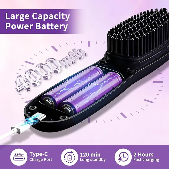 Cordless Hair Straightener Brush - Mini Portable Fast Heating Hair Straightener for Travel -USB Rechargeable Ceramic Straightening Comb with LED Display -3 Adjustable Heat Settings for Short/Long Hair