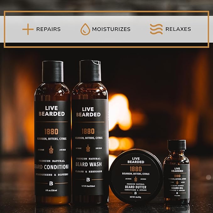 Live Bearded Complete Beard Grooming Kit - Wash Conditioner Butter and Oil - Made in the USA with All-Natural Ingredients - Mens Groom Set | 1880 Scent - Bourbon Bitters Citrus