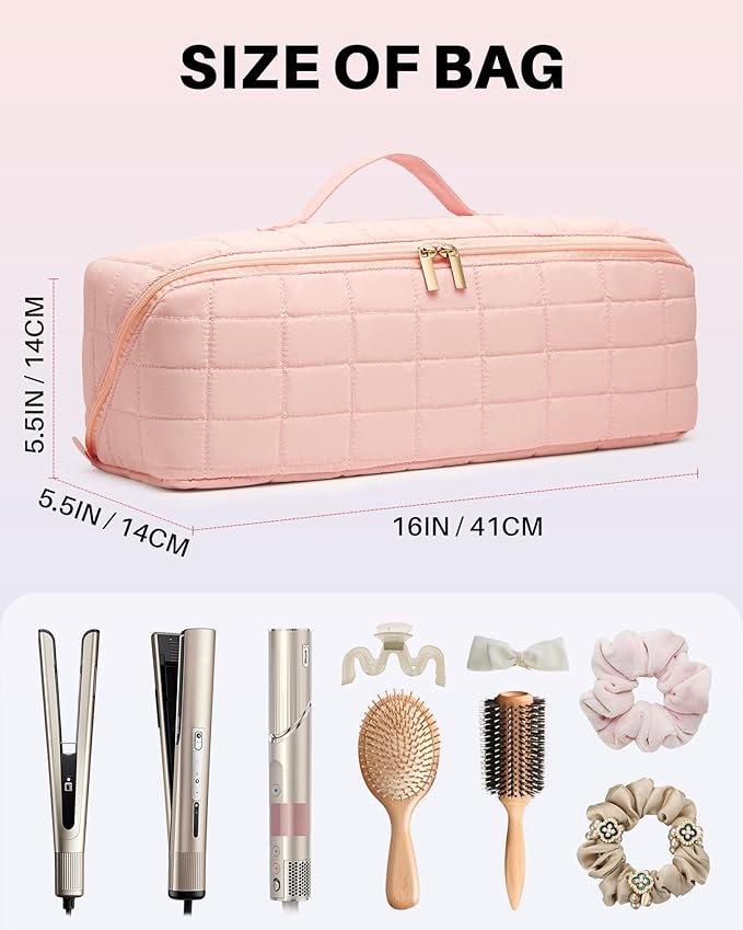 Hot Tools Travel Case with Heat Resistant Mat Pouch Large Hair Tool Organizer Bag for Curling Iron Flat Iron Hair Dryer Hot Air Brush Water Resistant Makeup Bag Gift for Women Pink