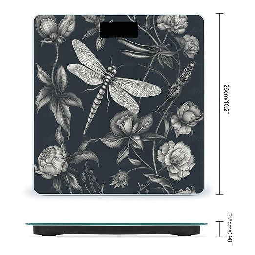 Black Flowers and Dragonfly Weight ScaleClear LED Display Bathroom Digital Weighing ScaleTempered Glass Digital Bathroom Scale for Body Weight Capacity Up to 400 Lbs