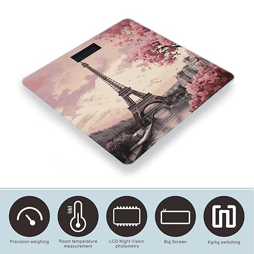 Romantic Paris Tower Bathroom Scale Automatic Power On/Off Body Scales LCD Backlight Display Square Digital Scale Rounded Corners Bathroom Scales for Home Bedrooms