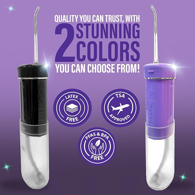 GuruNanda Compact Water Dental Flosser Portable Travel Size Oral Irrigator Flosser with Collapsible 180 ml Tank Smart Timer 4 Flossing Modes TSA-Friendly - Black