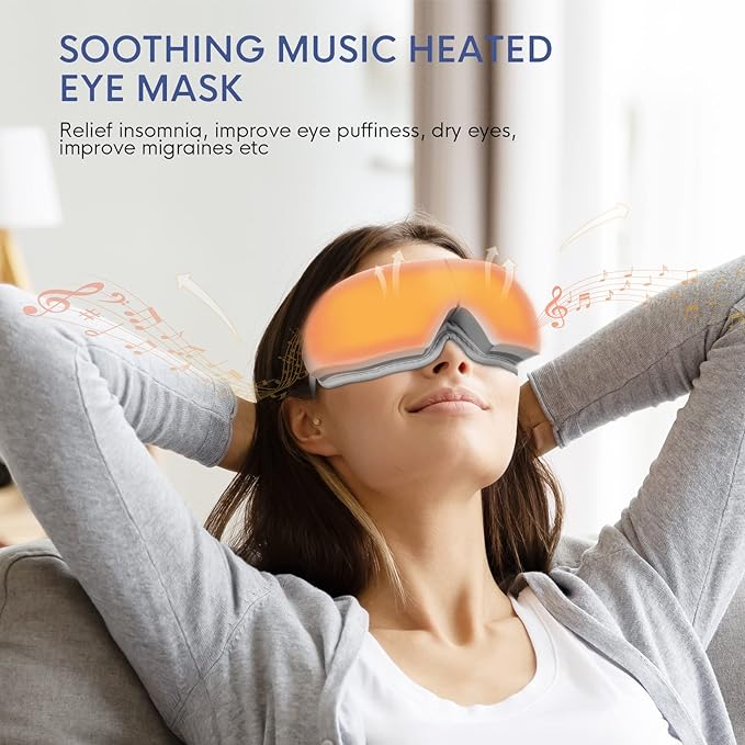 NOWWISH Eye Massager with Heat Vibration and Bluetooth Music for Migraine Headache Relief Cordless Heated Eye Mask with 6 Massage Modes Relaxation -Mothers Day Gifts for Mom Wife -White