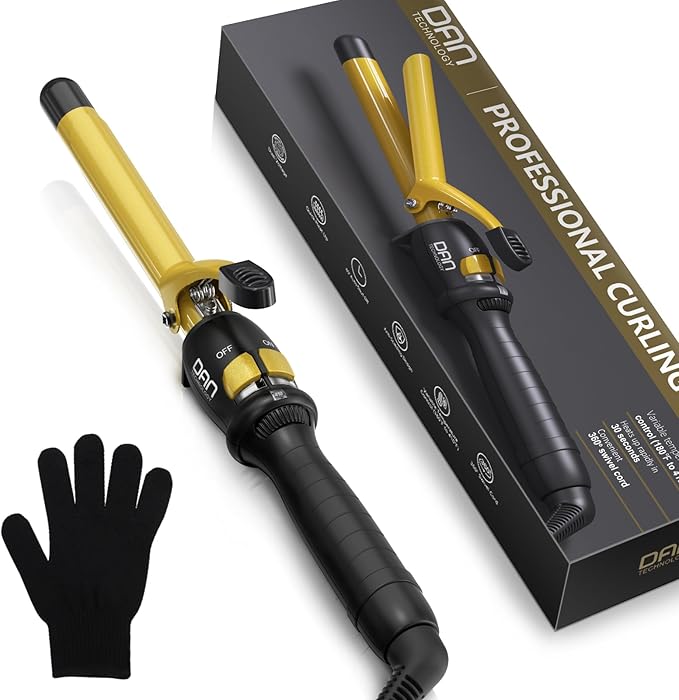 DAN Technology 3/4 Inch Curling Iron Wand for Classic Natural Curls Tourmaline Ceramic Hair Curler with 180°F–430°F Adjustable Temperature Fast Heating Dual Voltage Auto Shut-Off Black &amp Gold