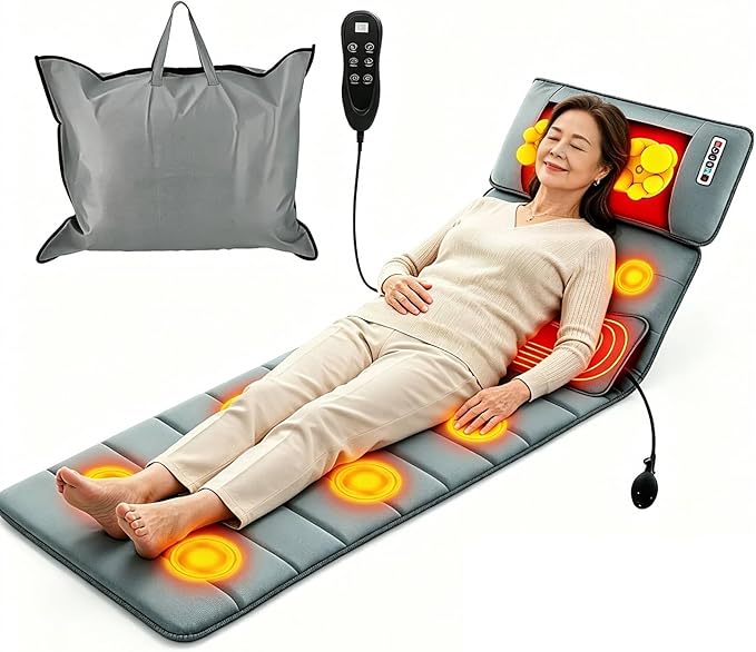 TeqHome Full Body Massage Mat with Heat Massager Pad with 10 Vibration Motors &amp 9 Vibration Modes &amp Auto Shut-Off for Bed Sofa Chair Neck/Back Pain Relief