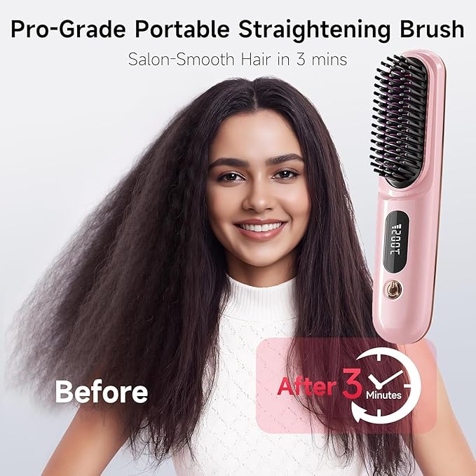 Cordless Hair Straightener Brush -Portable Mini Hair Straightener Comb Dual Voltage Travel Straightening Brush with 3 Temp-Settings Ultra-Lightweight &amp Travel-Ready Pink