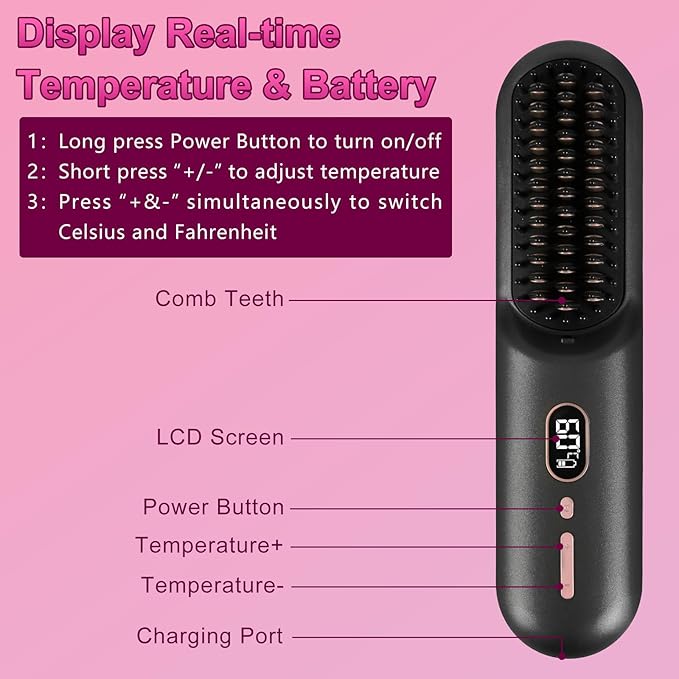 Cordless Hair Straightener Brush Mini Portable Rechargeable Straightening Brush Negative Ionic Hot Comb Straightener with 12 Temp Settings Auto-Off Led Display for Women (Black)
