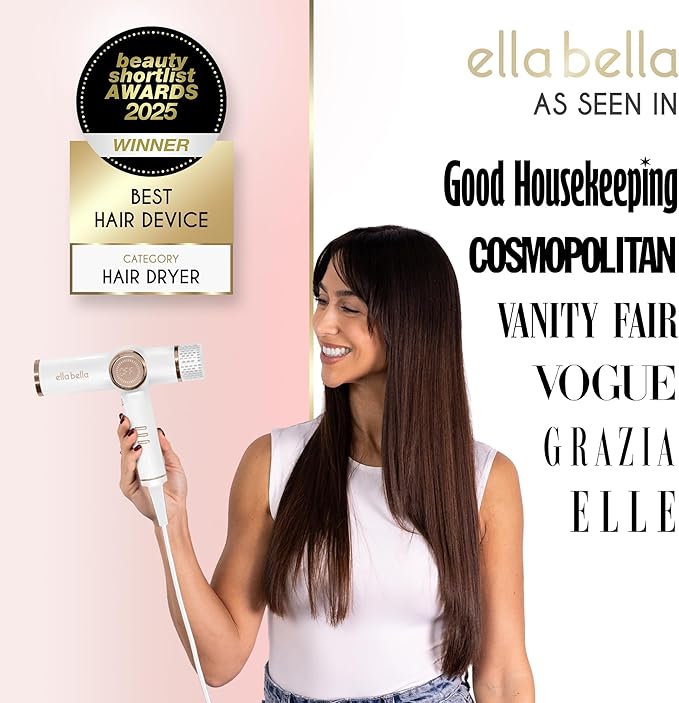 ELLA BELLA® Professional Ionic Hair Dryer with Diffuser • Negative Ion Blow Dryer • Suitable All Hair Types • Intelligent Heat Control &amp Rapid Drying Speeds • Lightweight Design • Low Noise Techno