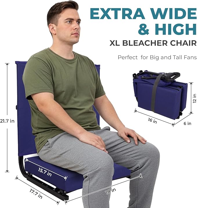 FUNDANGO Extra Wide Stadium Seats with Back Support for Adults Padded Bleacher Chairs with Back and Cushion Folding Bleacher Seats with Shoulder Strap for Football Baseball Sports