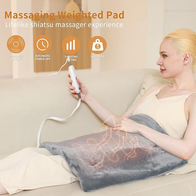 Massaging Weighted Heating Pad for Back Pain ReliefHeating Pads for Neck ShoulderCrampPortable Heated Pad with 3 Heat Settings &amp 6 Massage18 Relaxing CombinationsAuto Off20*24Light Grey