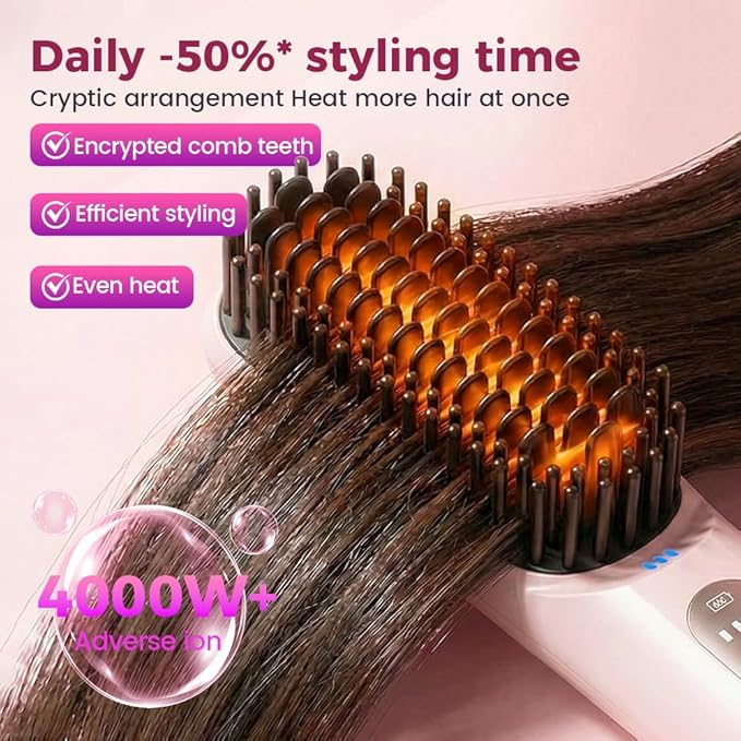 Upgraded GO Brush for Short Hair 2026 New GO Brush Portable Straightener Three-Level Temperature Adjustment Ceramic Coating Fast Heating Temperature Display Hair Styling Travel Home (Pink)
