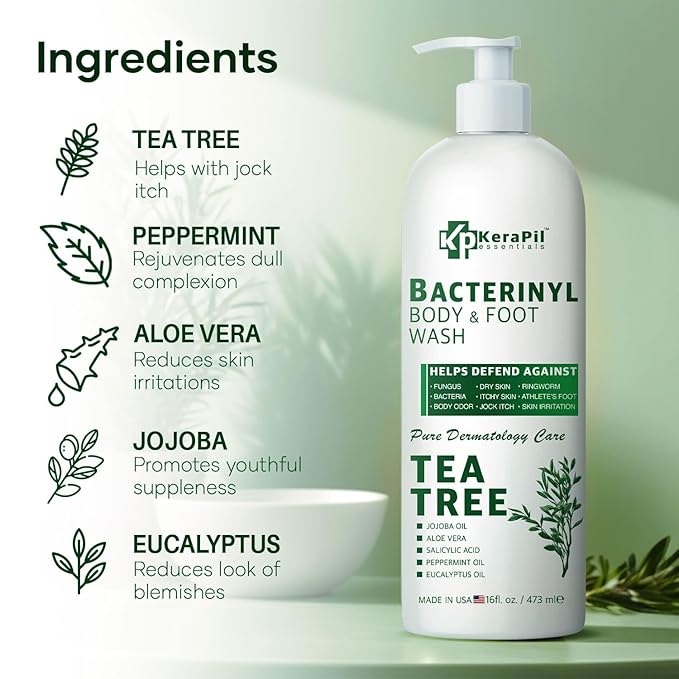Bacterinyl Tea Tree Oil Body Wash - Antibacterial &amp Antifungal Support for Ringworm Body Odors Athlete’s Foot &amp Acne Helps Soothe Itchy Dry Skin - Made in USA (16 fl oz)