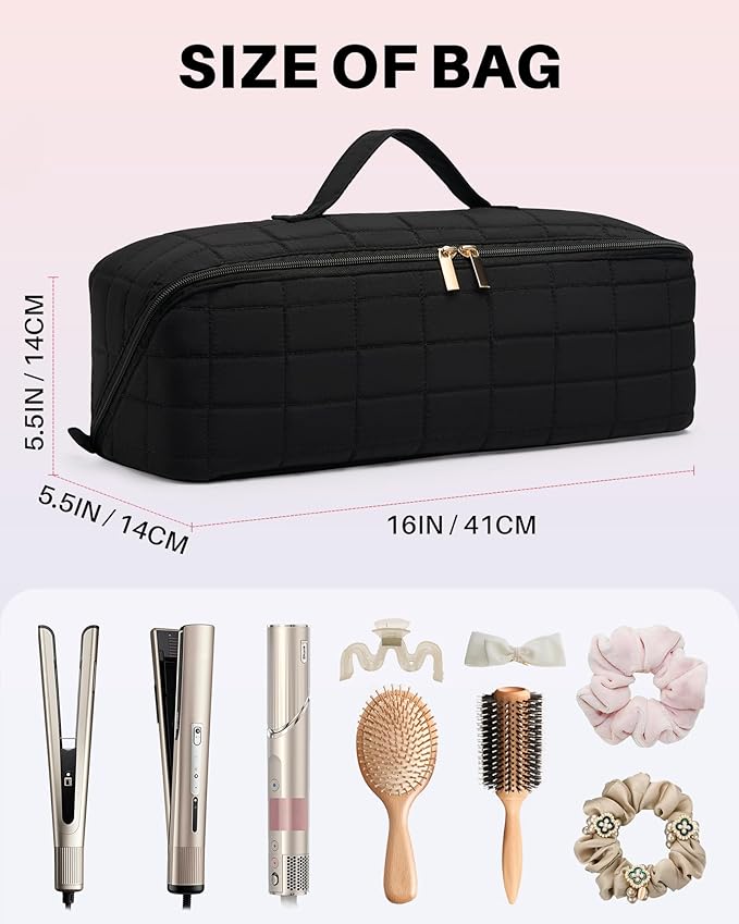 Hot Tools Travel Case with Heat Resistant Mat Pouch Large Hair Tool Organizer Bag for Curling Iron Flat Iron Hair Dryer Hot Air Brush Water Resistant Makeup Bag Gift for Women Black