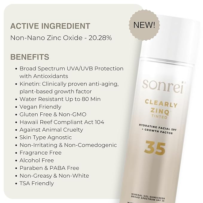 Sonrei Clearly Zinq Hydrating Tinted Facial SPF 35 + Anti-aging Growth Factor Sunscreen Mineral Gel &amp Primer | Broad Spectrum UV Protection | Water Resistant Vegan | Non-greasy - 1.7 Fl oz.